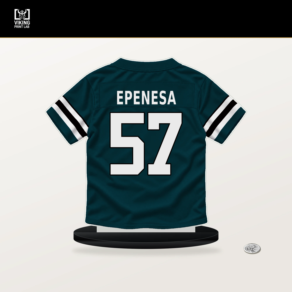AJ Epenesa number 57 Philadelphia Eagles jersey stand with included black base.