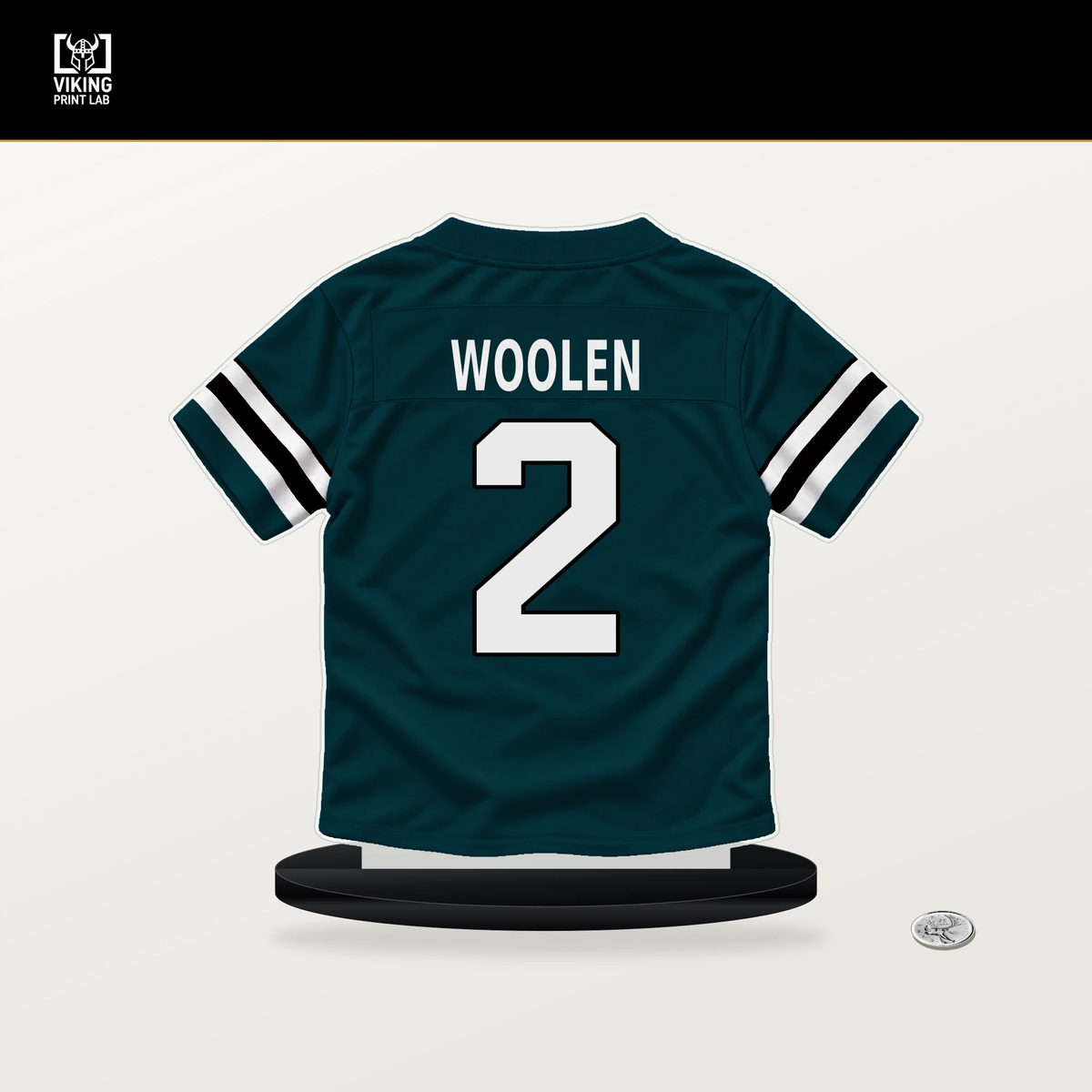 Riq Woolen number 2 Philadelphia Eagles jersey stand with included black base.