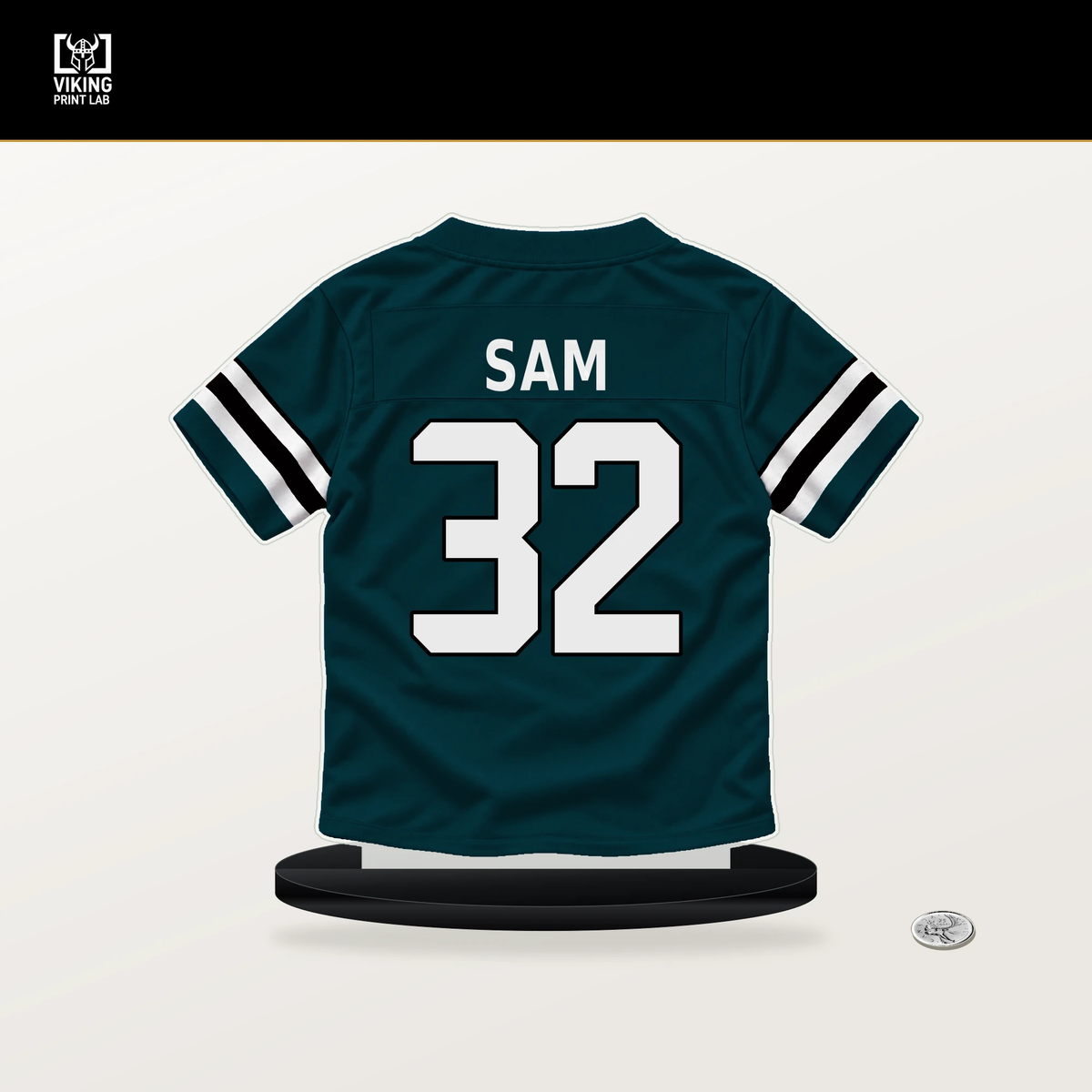 Andre' Sam number 32 Philadelphia Eagles jersey stand with included black base.