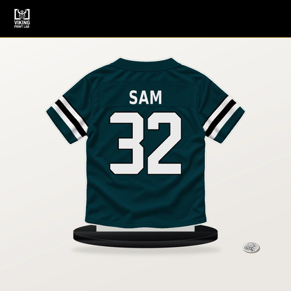 Andre' Sam number 32 Philadelphia Eagles jersey stand with included black base.