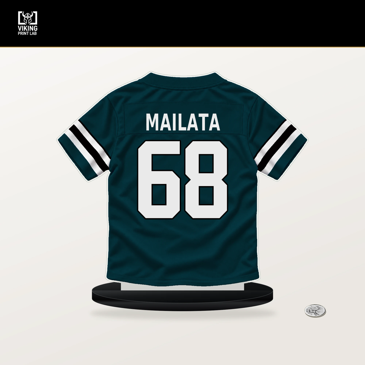 Jordan Mailata number 68 Philadelphia Eagles jersey stand with included black base.