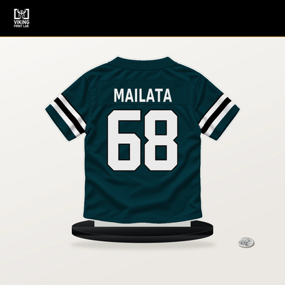 Jordan Mailata number 68 Philadelphia Eagles jersey stand with included black base.