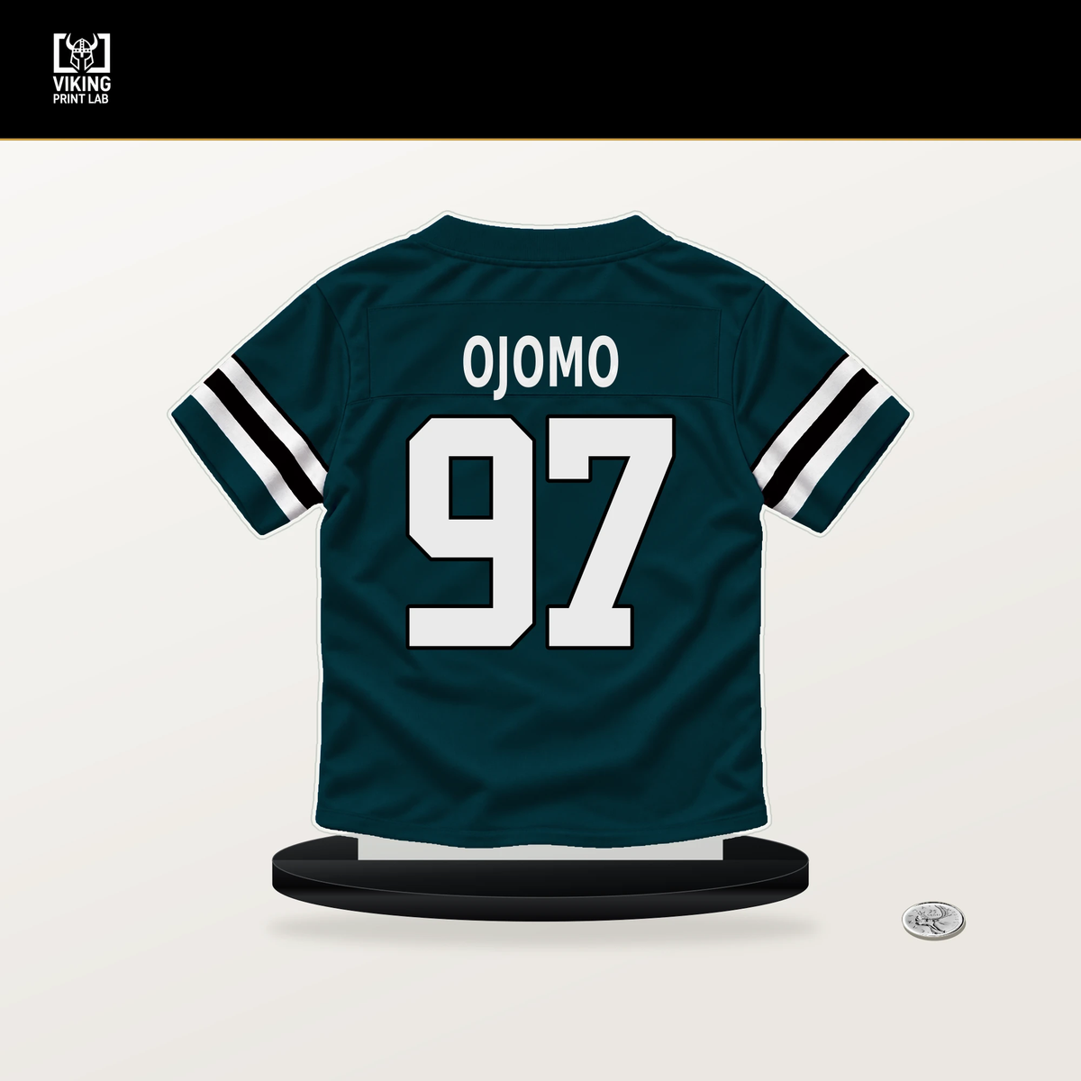 Moro Ojomo number 97 Philadelphia Eagles jersey stand with included black base.