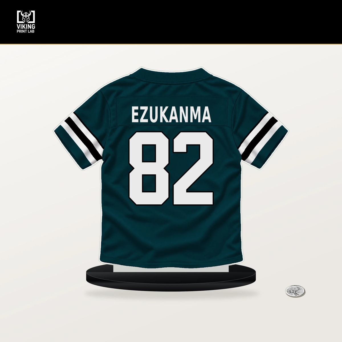 Erik Ezukanma number 82 Philadelphia Eagles jersey stand with included black base.