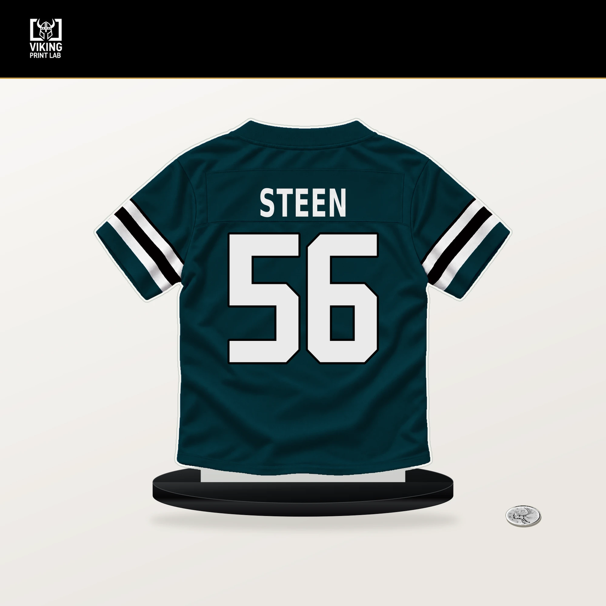 Tyler Steen number 56 Philadelphia Eagles jersey stand with included black base.