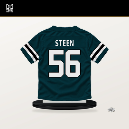 Tyler Steen number 56 Philadelphia Eagles jersey stand with included black base.