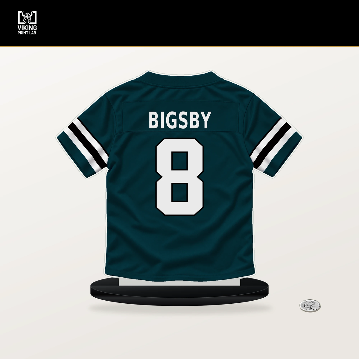Tank Bigsby number 8 Philadelphia Eagles jersey stand with included black base.
