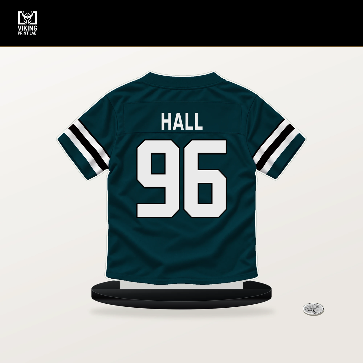 Gabe Hall number 96 Philadelphia Eagles jersey stand with included black base.