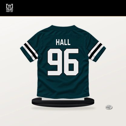 Gabe Hall number 96 Philadelphia Eagles jersey stand with included black base.