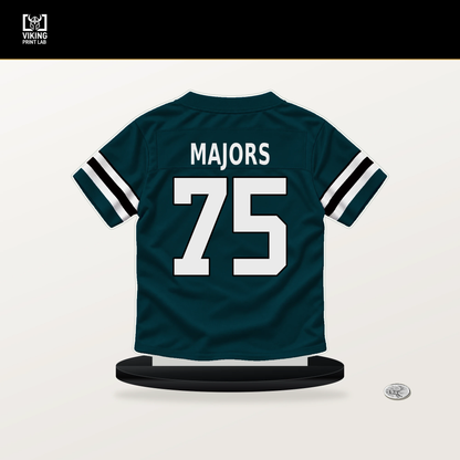 Jake Majors number 75 Philadelphia Eagles jersey stand with included black base.
