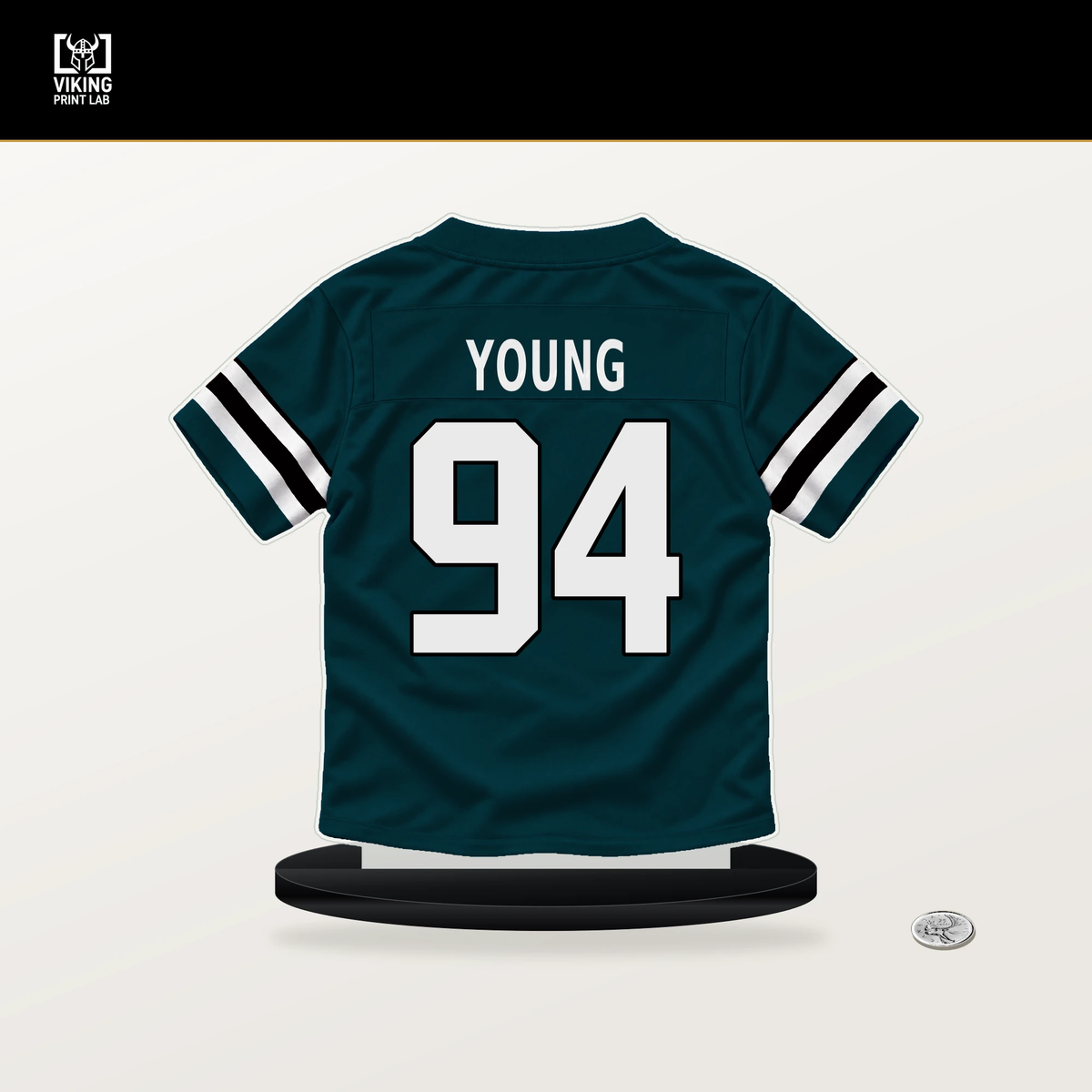 Byron Young number 94 Philadelphia Eagles jersey stand with included black base.