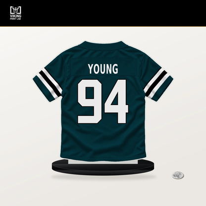 Byron Young number 94 Philadelphia Eagles jersey stand with included black base.
