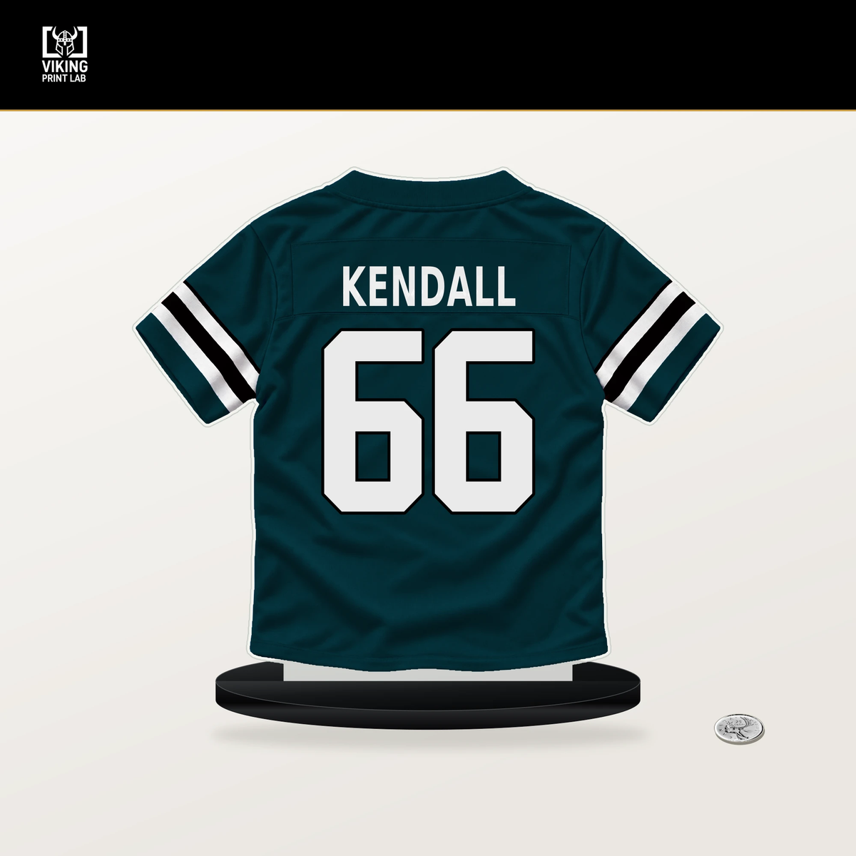 Drew Kendall number 66 Philadelphia Eagles jersey stand with included black base.
