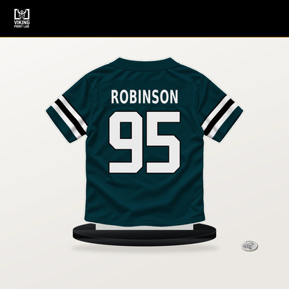 Ty Robinson number 95 Philadelphia Eagles jersey stand with included black base.