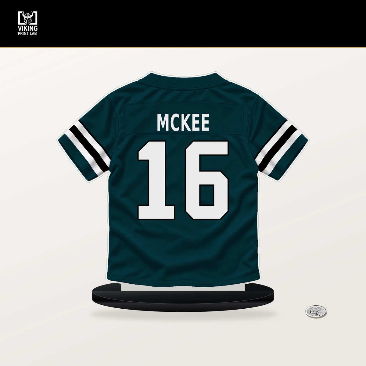 Tanner McKee number 16 Philadelphia Eagles jersey stand with included black base.