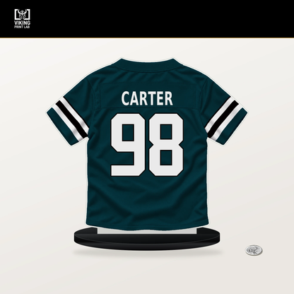 Jalen Carter number 98 Philadelphia Eagles jersey stand with included black base.