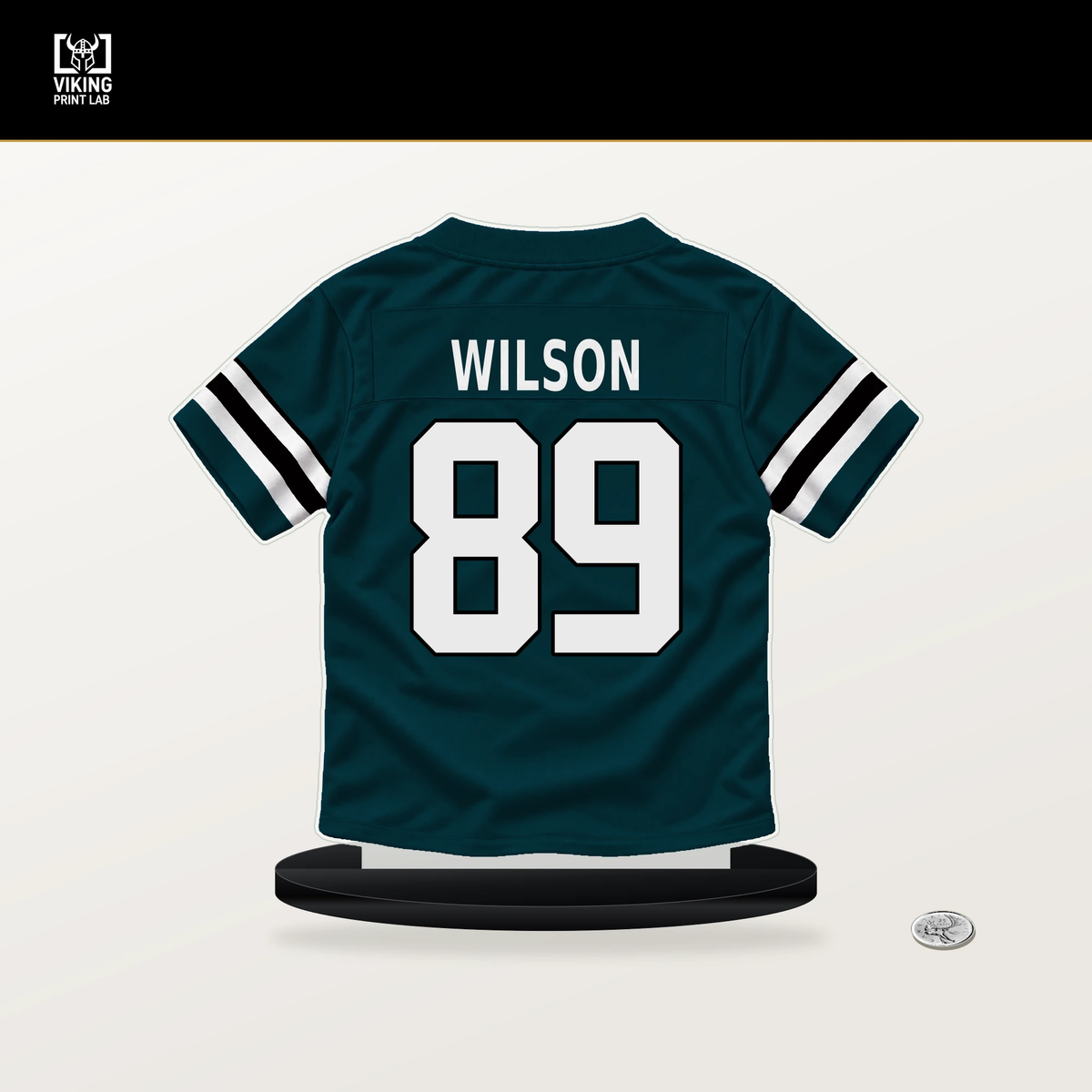 Johnny Wilson number 89 Philadelphia Eagles jersey stand with included black base.