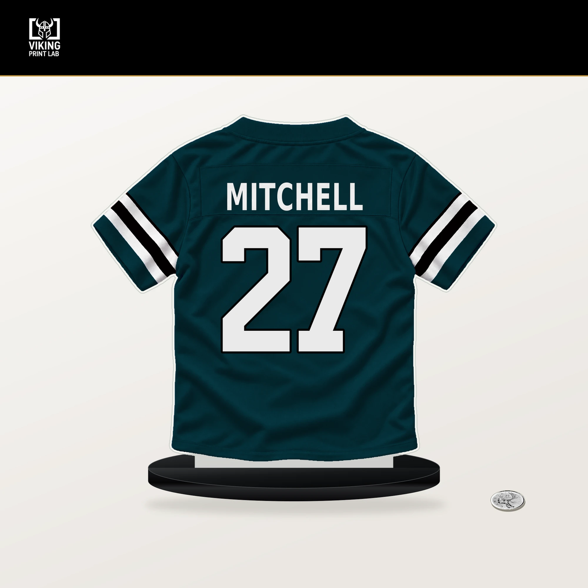 Quinyon Mitchell number 27 Philadelphia Eagles jersey stand with included black base.