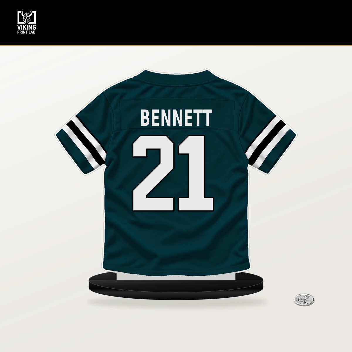 Jakorian Bennett number 21 Philadelphia Eagles jersey stand with included black base.