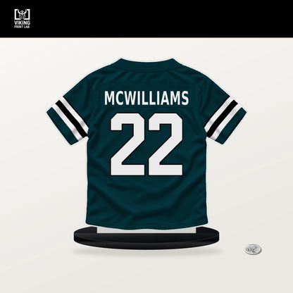 Mac McWilliams number 22 Philadelphia Eagles jersey stand with included black base.