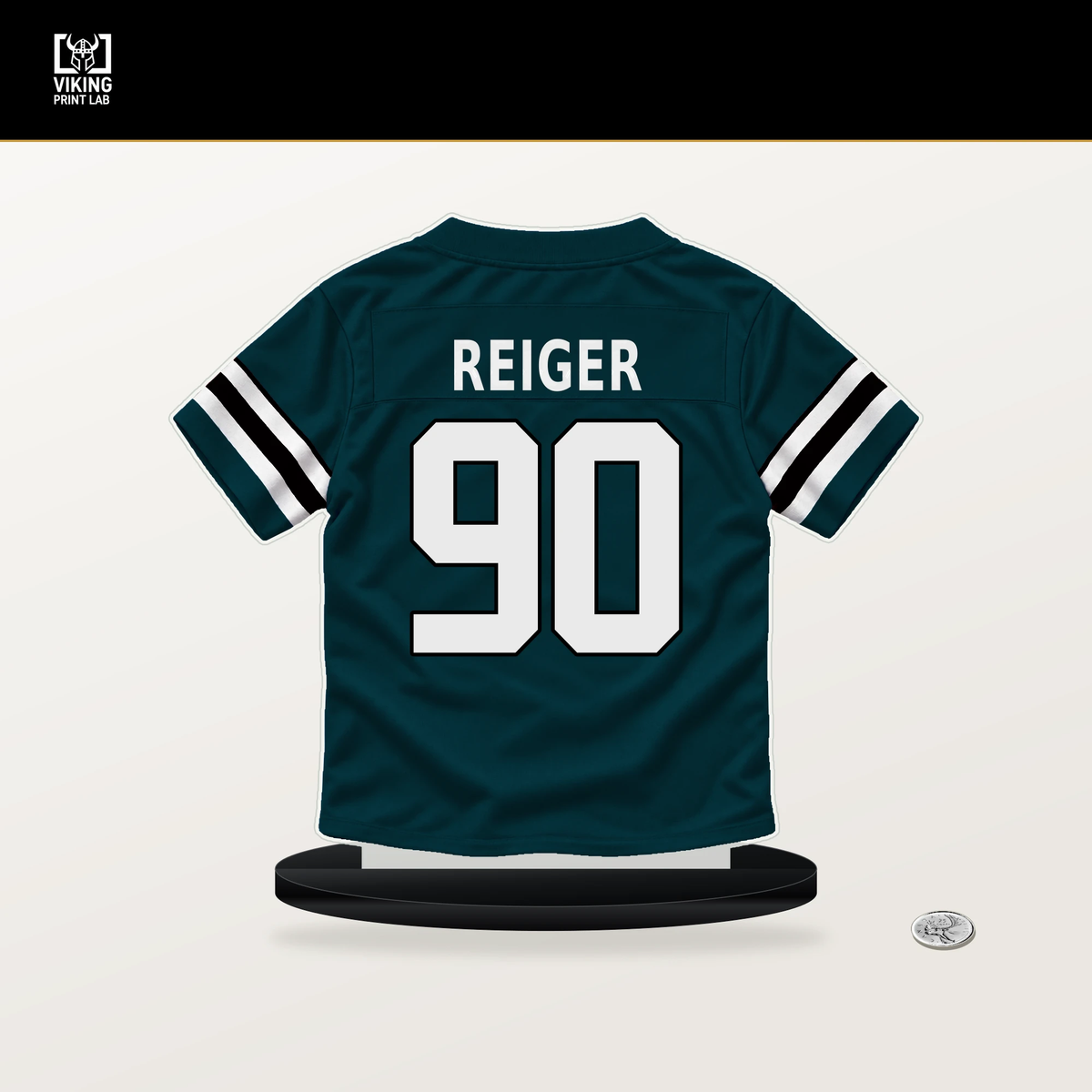 Mason Reiger number 90 Philadelphia Eagles jersey stand with included black base.
