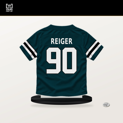 Mason Reiger number 90 Philadelphia Eagles jersey stand with included black base.