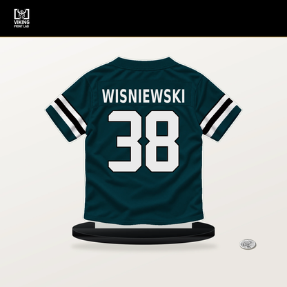 Cole Wisniewski number 38 Philadelphia Eagles jersey stand with included black base.