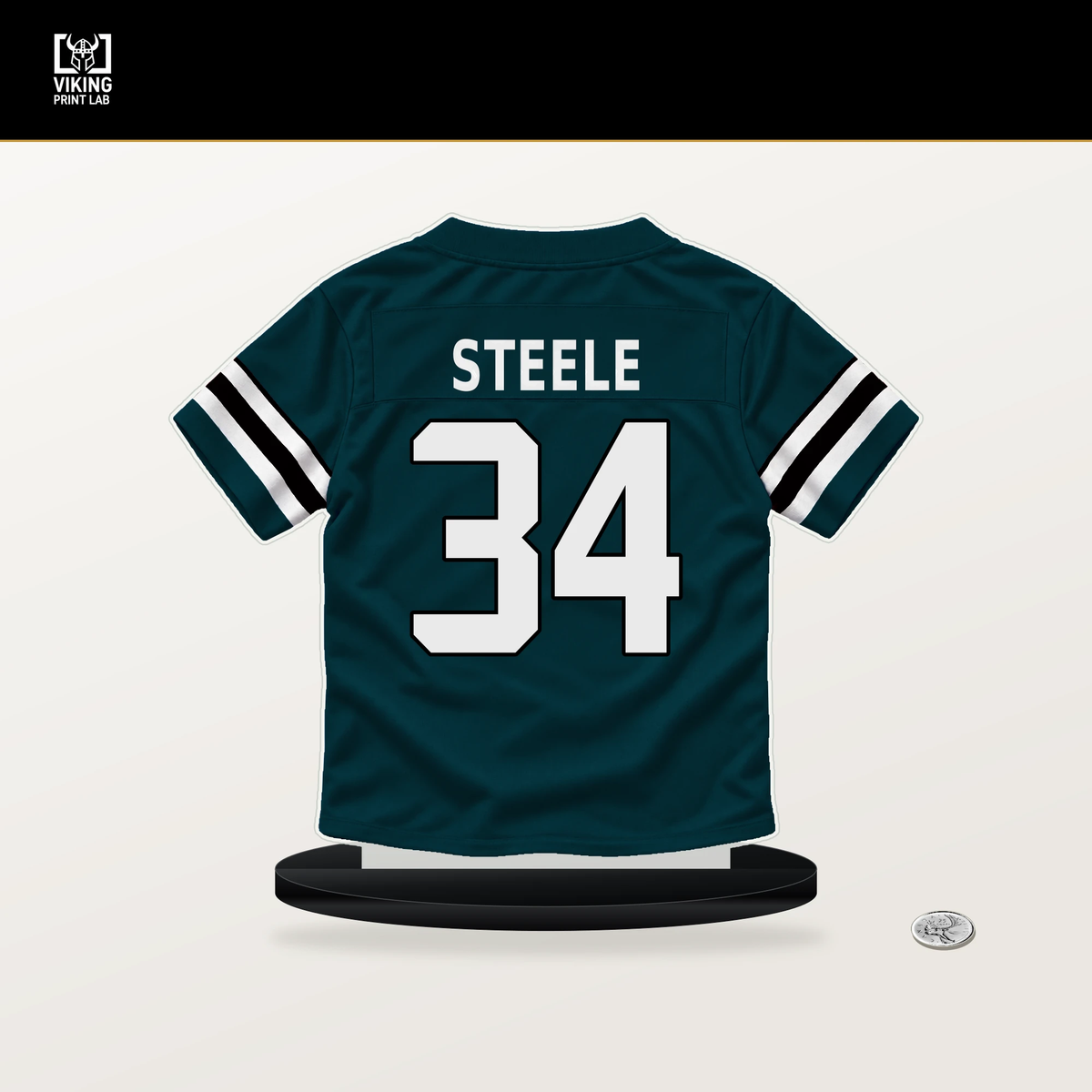 Carson Steele number 34 Philadelphia Eagles jersey stand with included black base.