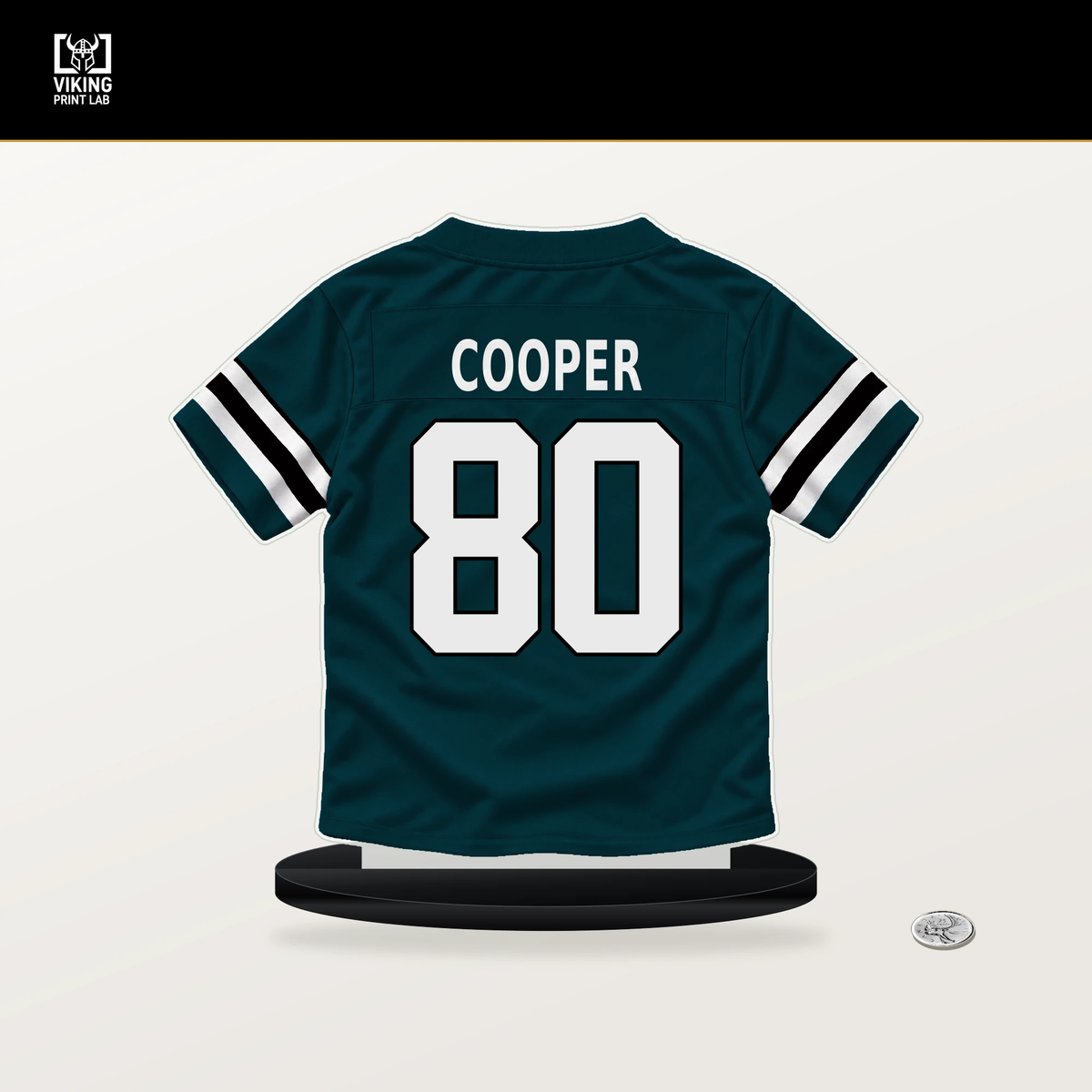 Darius Cooper number 80 Philadelphia Eagles jersey stand with included black base.