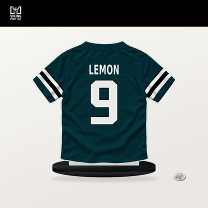 Makai Lemon number 9 Philadelphia Eagles jersey stand with included black base.