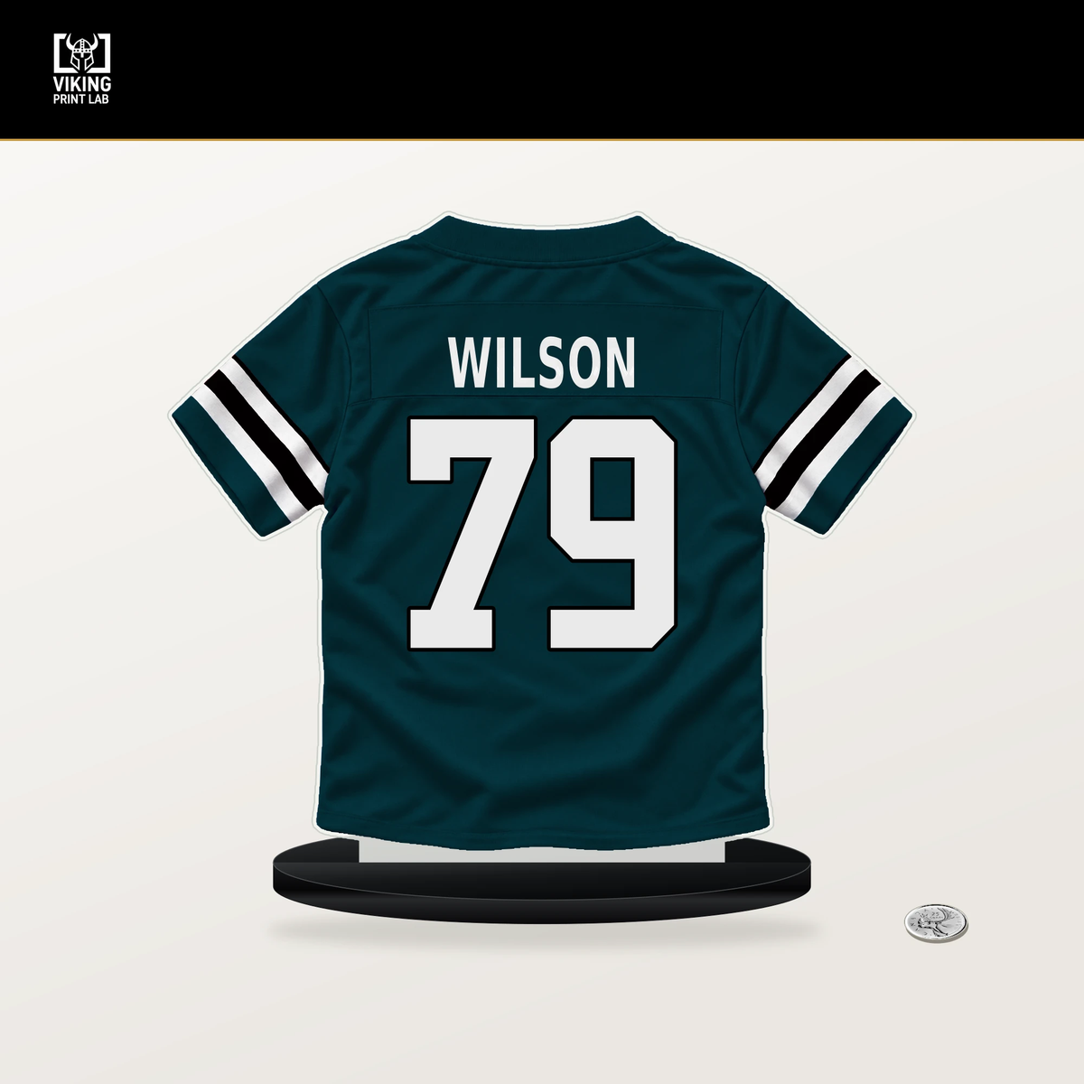 Zion Wilson number 79 Philadelphia Eagles jersey stand with included black base.