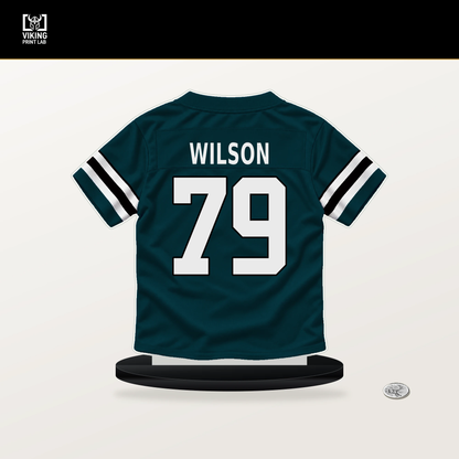 Zion Wilson number 79 Philadelphia Eagles jersey stand with included black base.