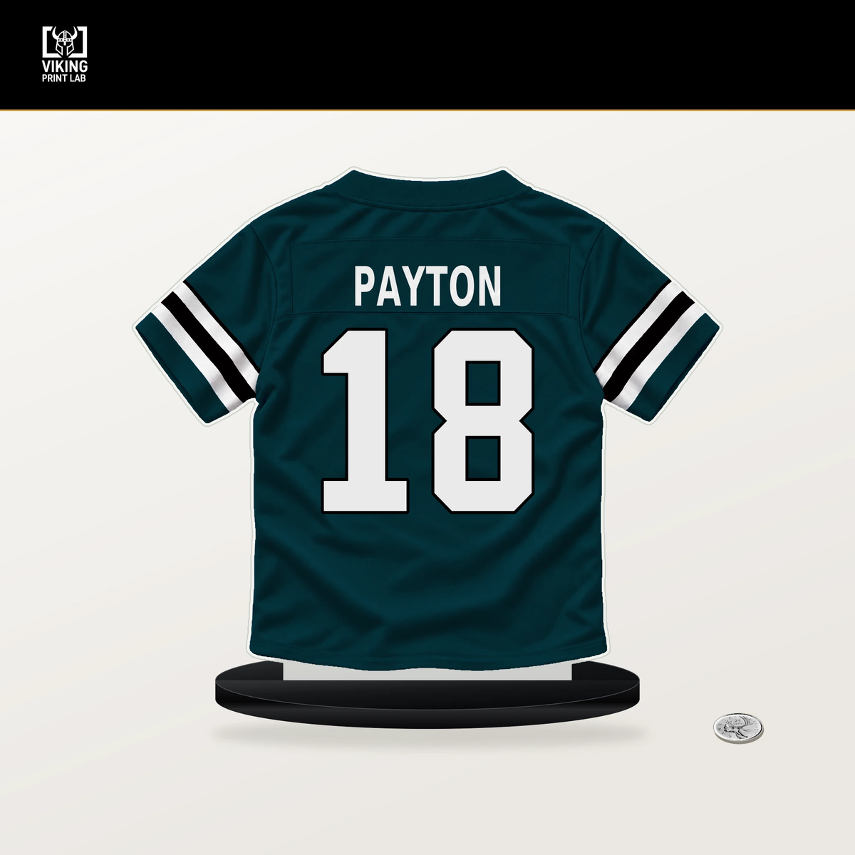 Cole Payton number 18 Philadelphia Eagles jersey stand with included black base.