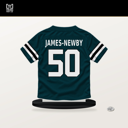 Keyshawn James-Newby number 50 Philadelphia Eagles jersey stand with included black base.