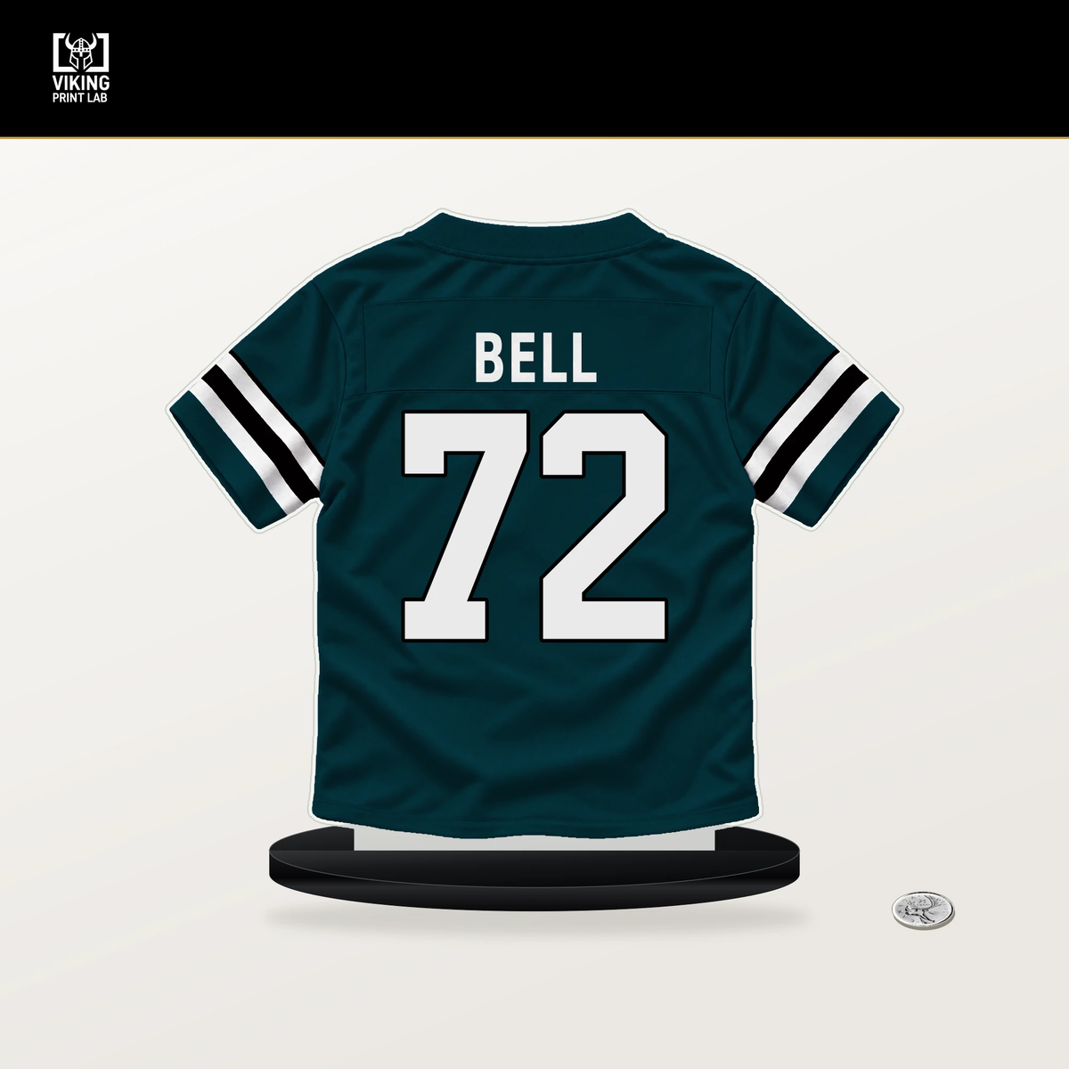 Markel Bell number 72 Philadelphia Eagles jersey stand with included black base.