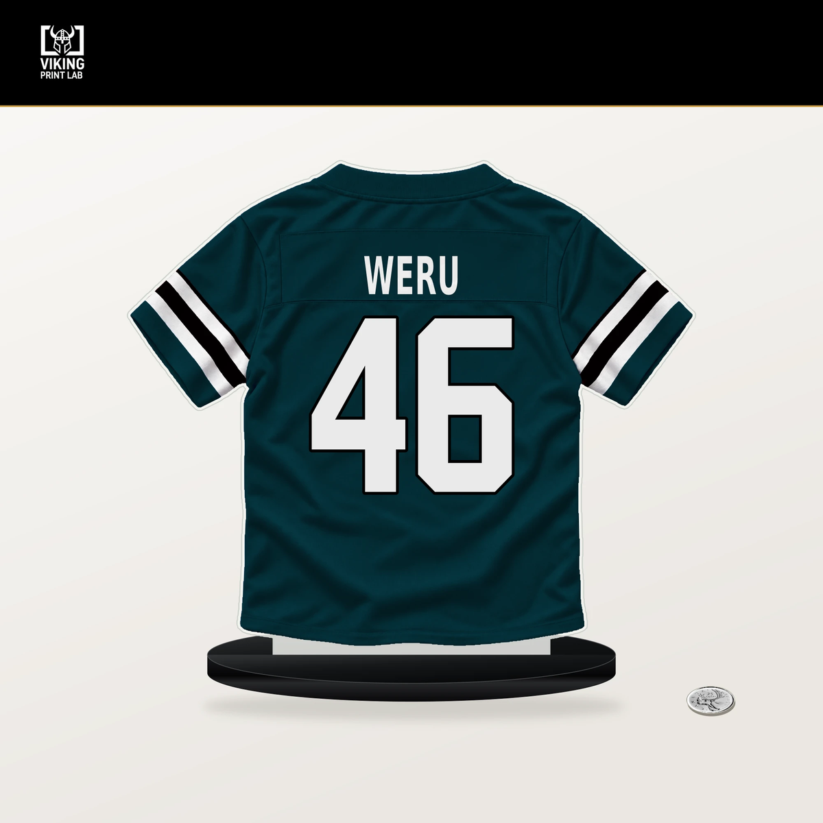 Joshua Weru number 46 Philadelphia Eagles jersey stand with included black base.
