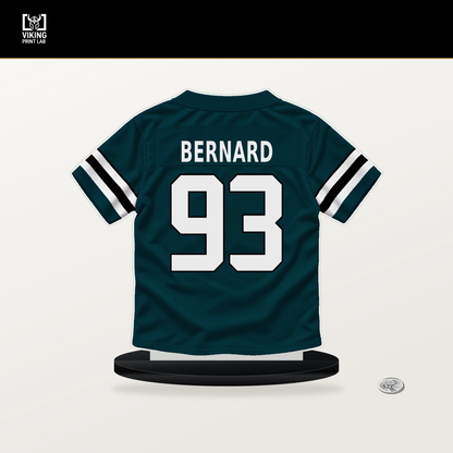 Uar Bernard number 93 Philadelphia Eagles jersey stand with included black base.