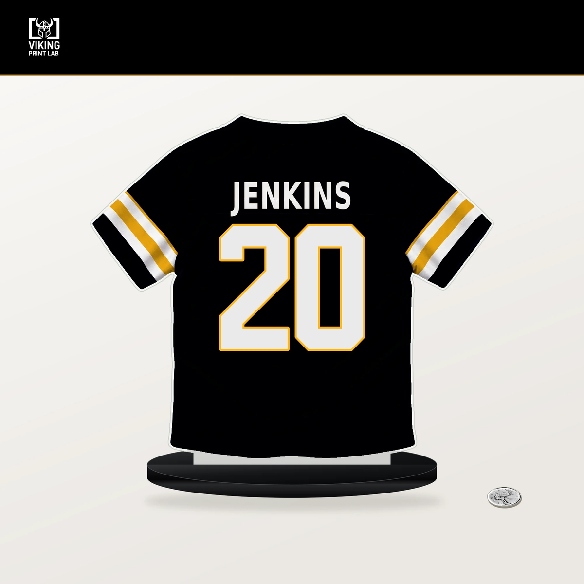 Rayshawn Jenkins number 20 Pittsburgh Steelers jersey stand with included black base.