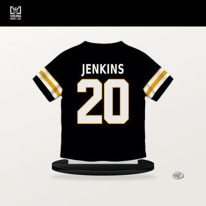 Rayshawn Jenkins number 20 Pittsburgh Steelers jersey stand with included black base.