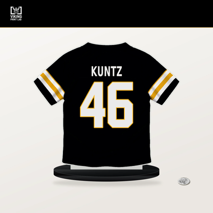 Christian Kuntz number 46 Pittsburgh Steelers jersey stand with included black base.