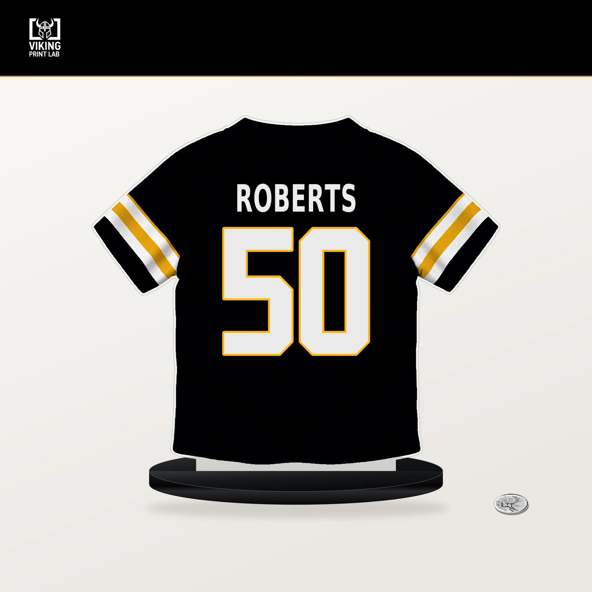Elandon Roberts number 50 Pittsburgh Steelers jersey stand with included black base.