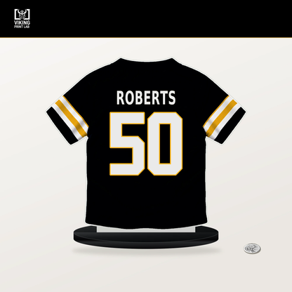 Elandon Roberts number 50 Pittsburgh Steelers jersey stand with included black base.