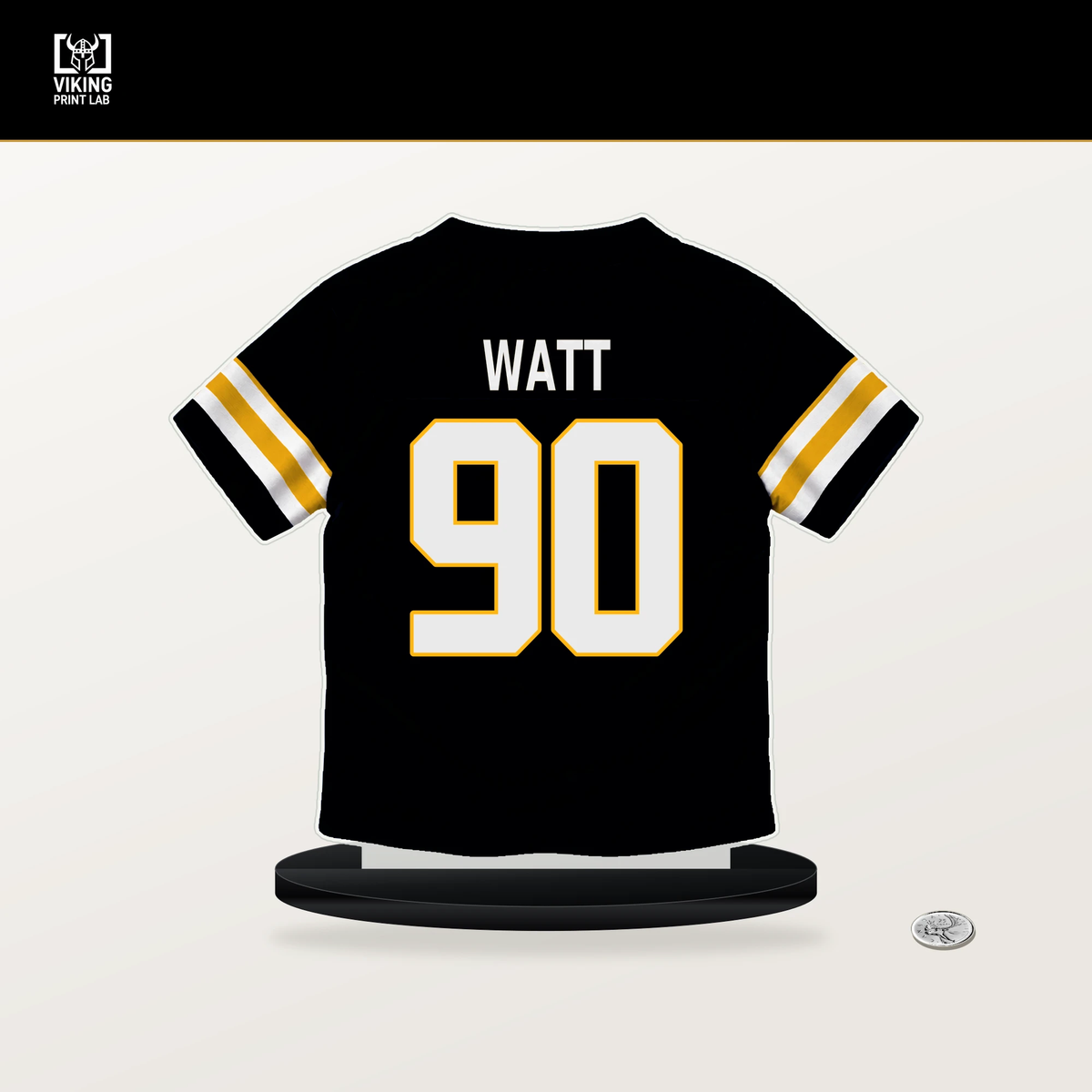 T.J. Watt number 90 Pittsburgh Steelers jersey stand with included black base.