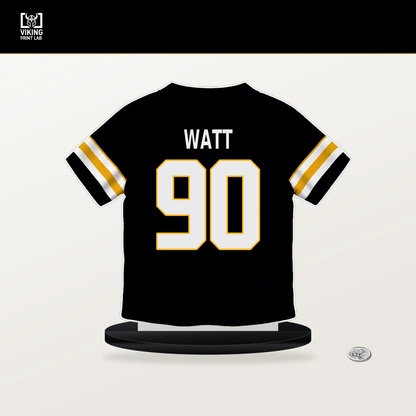 T.J. Watt number 90 Pittsburgh Steelers jersey stand with included black base.