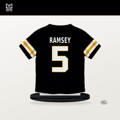 Jalen Ramsey number 5 Pittsburgh Steelers jersey stand with included black base.