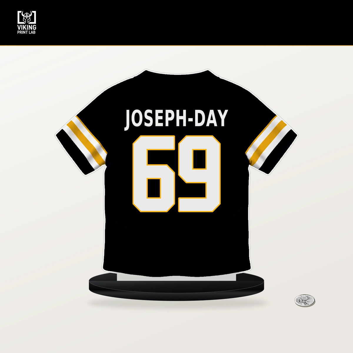 Sebastian Joseph-Day number 69 Pittsburgh Steelers jersey stand with included black base.