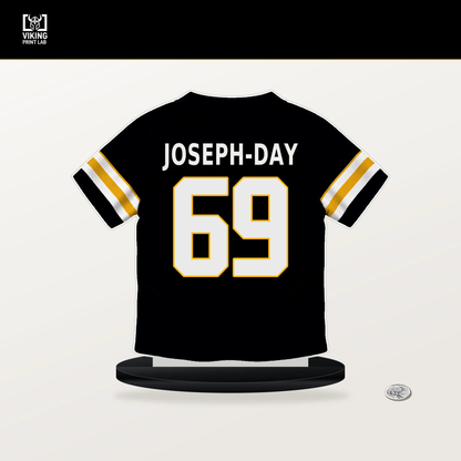 Sebastian Joseph-Day number 69 Pittsburgh Steelers jersey stand with included black base.