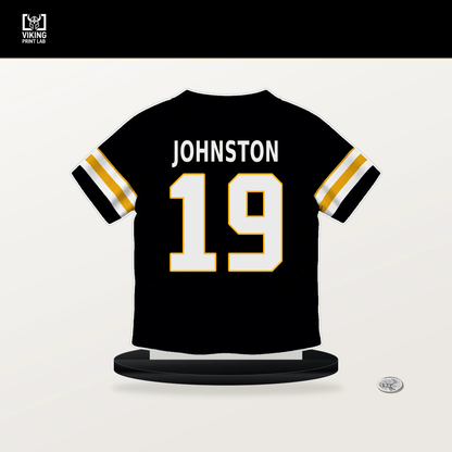 Cameron Johnston number 19 Pittsburgh Steelers jersey stand with included black base.