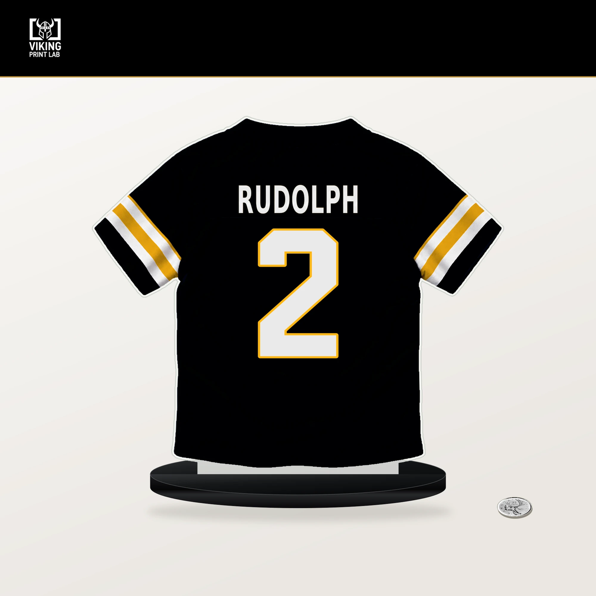 Mason Rudolph number 2 Pittsburgh Steelers jersey stand with included black base.