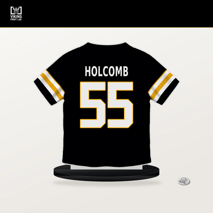 Cole Holcomb number 55 Pittsburgh Steelers jersey stand with included black base.
